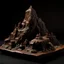 Placeholder: A dark brown mountain with a temple made out of clay designed in ancient Greek pottery painted by Qiu Ying
