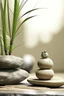 Placeholder: delicate background with spa stones and bamboo stem, in the background there is a female figure statue, photorealistic photo