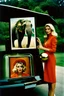 Placeholder: sixties, beautiful woman holding a piece of elephant art, Portra 400 film photo, analog inspiration, bubble, helmut newton, polaroid colors, realistic face, space age