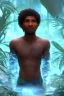 Placeholder: 3D render of a cyberpunk tribal young black man, black hair and goatee, on a dark blue jungle background, digital art