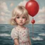 Placeholder: blond Little girl , in the style of Margaret Keane, she is on a red balloon over the sea