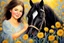 Placeholder: black light art, dramatic oil painting, flowerstorm, shading pastel and charcoal, cute chibi mohair brunette golden eyed happy woman with a horse in sunshine
