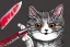 Placeholder: Cute cat diabolical smiling with a bloody knife with blood. Comic style