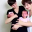 Placeholder: Russian tomboy boyish boylike short man's haircut boyish features in black girlish nightgown mommy in hospital with newborn baby