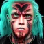 Placeholder: Keith Flint symmetric geometric portrait, realistic 3d anime , green hair, black metal facepaint, red eyes