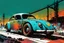 Placeholder: create an abstract, stripped down, post apocalyptic Volkwagen beetle rat rod with highly detailed features, lost in a horrific industrial wasteland, in the comic book art style of Bill Sienkiewicz, Mike Mignola, and Jean Giraud Moebius , searing lines , forceful strokes, finely drawn, inked, and colored
