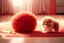 Placeholder: cute fluffy chibi beige cat playing with a giant plush red covid virus in a modern hall on a carpet in sunshine