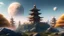 Placeholder: chinesee temple on a planet with a visible planet in the sky