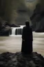Placeholder: sad girl in black standing on the bank of a torrent of river and waterfall from far away gothic theme