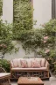 Placeholder: Night, twilight, a light brown wicker sofa with floral cushions, a glass-topped table in front of it, coffee steaming in a porcelain cup, and a down-turned open book next to it. Above the settee, flower bushes in planters, all on the terrace of a luxury house S<AI Nikon D850 highly detailed digital painting sharp focus elegant intricate photorealistic 4k very attractive beautiful dynamic lighting award winning fantastic view crisp quality Unreal Engine very cute cinematic postprocessing acrylic