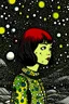 Placeholder: Gogh-like half alien half-Yayoi Kusama lady, colored ink art. She is young and cute and is looking up at a spaceship in distance. It’s dark and gloomy. Some light comes from above.