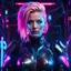 Placeholder: full body portrait of Cyberpunk woman, portrait. Pink and blonde hair. blue eyes,Revealing cyberpunk . Shiny metal. Colourful. Midnight. Neon lights. Ominous" neon cyberpunk Cyberpunk. futuristic neon" Cyborg, Galaxy, Robot, Science Fiction, Clock Punk Luminous, Deep Colors, Clean Nature, Vines,"