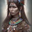 Placeholder: war painted pueblo Indian female, dark, disturbed expression.intricate detailethnically accurate face, intricate head dress, detailed make-up, detailed turquoise jewelry, detailed hair, detailed feathers, use dynamic palette, accurate proportions, high contrast black smokey bokeh background.Chie Yoshii style