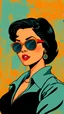 Placeholder: A retro illustration of a woman with sunglasses and short black hair, wearing teal , against a bright orange-blue Otto Dix textured background, in the style of vintage poster design, in the style of Hugh Kretschmer, in the style of Ross Tran, in the style of Fluid Forms, in the style of Peter Max, and in the style of J.C. Le Capitaine, high resolution.