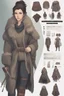 Placeholder: A dnd character sheet. A woman dressed for the cold north dressed in dark furs, with brown hair