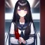 Placeholder: Clear focus,High resolution, Black long straight hair, Long bangs, and purple eyes, Looking down on you, wearing a sailor uniform that is black and red, sighing, Detailed hair,Bloody, Frowning