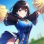 Placeholder: Clear Focus, High resolution, girl wearing a cheerleader outfit, blue eyes, medium hair length, black hair with a gradient of cyan