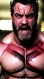 Placeholder: extreme close up photography of 40 years old burly muscular chubby very ugly spanish plumber yells angrily, in tank top and overalls beard, sweat, manly chest, bulge, long curly hair, vampire teeth and fangs, bloodshot eyes, photorealistic, 80mm lens, Canon EOS, hyper-realistic, very detailed, angry eyes, natural colours, sunlight