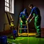 Placeholder: Painters in overalls stained with lime stains Standing on a ladder and painting green A room with a window, on the floor near the ladder Open paint cans, a can of yellow paint and a can of blue paint spilled on the floor creating a mixed puddle of beautiful colors, ultra-realistic shot, photo, 12K