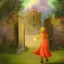 Placeholder:  Castle into sky, with flowers of fire. Green clouds and birds. Shy girl going out of the main gate. Detailed painting, soft color, medieval, intricate detail, far sceen, complementary colors, medieval concept art, spring.