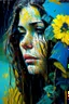 Placeholder: acrylic portrait of a woman, lush hair, emotions, rain, flowers, umbrella, autumn, paint blots, splashes, tears, plants, yellow, blue, green, orange colors