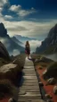 Placeholder: narrow stone path above the ground gradually getting higher into the clouds no railings, dangerous drop people in black leathers medievil period weather is wet spiraling into the clouds fantasy, a valley in mountains a hint beast with one eye showing in the background