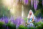 Placeholder: Fantasy cute elf with transparent wings, smiling, make up, long blond platinum hair, blue eyes, crown, beautiful dress, wisteria flowers and mushrooms in background, HQ, high key lighting, volumetric light high details