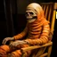 Placeholder: a decrepit orange mummy leaned over in a chair, mouth open, eyes closed