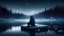Placeholder: a young man was sitting on a block of ice,dark winter night,fir forrest scenery,a small city,mist,forest,night,snow,fir tree,night ,stars,city lights on a distance,cloud,frozen lake reflections,,dramatic scene,photorealistic