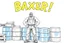 Placeholder: a drawing with sketch lead pencil, The word "BAXER" in yellow floating like a big sign, strong painting, strong expression, BAXER!, BAXER! the word Baxer, WOODEN CRATES AND BLUE BARRELS, A WORKING MAN (no beard and he have glasses) STANDS THERE WITH VERY BIG STRONG MUSCLES