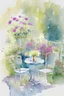 Placeholder: abstract watercolour english cottage garden with table and 2 chairs in the style of jean haines, centred