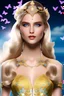 Placeholder: only one full-length body shot beautiful half smiling girl, beautiful mouth, fashion show model, delicate fine traits, with long blond hair,big eyes, light blue lace long dress, light blue sky background, blue butterflies,golden stars, blue pond foreground,delicate jewelry, small pink flowers in the hair,body shot
