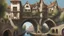 Placeholder: medieval buildings with balconies overhanging a canal, blue sky and people, photorealism, trees, foliage, piers, fantastical, intricate detail, concept art, people ultra sharp image, sharp focus, hyperrealism