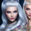 Placeholder: Ice Princess with white hair smilling, a crown with precious stones, bright background