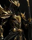 Placeholder: Mythical fantasy Black and gold assassin armour with a gold trim going down the armour, black and gold arm gauntlets, glowing gold eyes, black and gold arrow quiver, black and gold flowing cape, turned to one side, holding many black and gold weapons like scythes