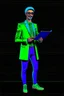 Placeholder: Modern guy, 20s, holding "ipad" in left hand, looks like a renaissance painting, walking forward, full body, "persian green coat", blue pants, "right hand in to the ground". "Front facing" "forward view" black background