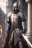 Placeholder: photorealistic holy knight paladin wearing a cape wielding a greatsword temple in the background