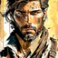 Placeholder: This tough handsome man is a real treasure hunter, adventurous and handsome, he carries a treasure map and suitcase.,In the background is a beautiful compass to show him the way, vertical lines and squares, Style of Ashley Wood, Daniel Gerhart, Thomas Saliot Modifiers: intricate portrait beautiful high detail close up painterly cartoonisch