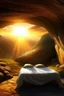 Placeholder: Imagine a surreal landscape at sunrise with a cave tomb in the side of the hill and a stone slab rolled back from the entrance. Inside the cave you can see a shroud folded neatly on the bed where a body would lay. Through an opening in the cave wall you can see the sunrise and two winged angels