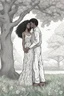 Placeholder: create a coloring page An illustration of a young heterosexual black couple standing under the shade of a towering oak tree, eyes closed and foreheads pressed together affectionately. The woman has long, curly hair that blows lightly in the breeze. She wears a floral sundress and holds her partner's hands tenderly. The background shows a sunny park with green grass, wildflowers, trees, and a pond. No shading, no color, No gray, clean lines and white back ground