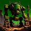 Placeholder: 90's fantasy tcg art of a giant junk mech made of multiple parts in the ruins of a post apocalyptic green sludge junkyard