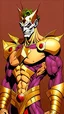 Placeholder: The Joker wears a golden pharaonic suit inlaid with red stones, and has muscles. The drawing is a cartoon anime