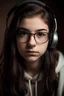 Placeholder: ragazza di 18 anni che ascolta la musica con i capelli castani, gli occhi scuri e gli occhiali