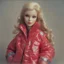 Placeholder: Barbie doll, red, autochrome, plastic puffy jacket