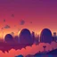 Placeholder: futuristic domes, multiple layers of silhouette landscape, with silhouette of futuristic domes, rocketships in the sky, sharp edges, at sunset, with heavy fog in air, vector style, horizon silhouette Landscape wallpaper by Alena Aenami, firewatch game style, vector style background