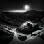 Placeholder: black and white, hyper-realistic photo, a being similar to man and insect writhes in a rocky, desert environment, at night, but the panorama is illuminated with dazzling, hypnotic, obsessive light.