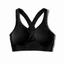 Placeholder: Folded Cross-back sport bra, top view, flat lay, realistic, active wear, black material