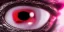 Placeholder: Extreme close-up of two eyes, a human eye and a gleaming metallic pink to metallic red robotic eye of a cyborg assassin, soulless, cyberpunk technopunk, AbstractTech, rectangular, style of The Terminator