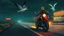 Placeholder: The kebab man driving fast on his holy motorcycle, fire from the exhaust, holy widescreen picture, holy empty road on the holy country at night, comic style, no helmet and he have a long holy black beard, neon kebab signs along the road, jesus stand at his market stand selling holy kebabs, simon stålenhag style, flying goose kebab