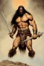 Placeholder: book covers, Conan of Aquilonia , colored pencil and ink on lined paper, in the art style of Boris Vallejo,